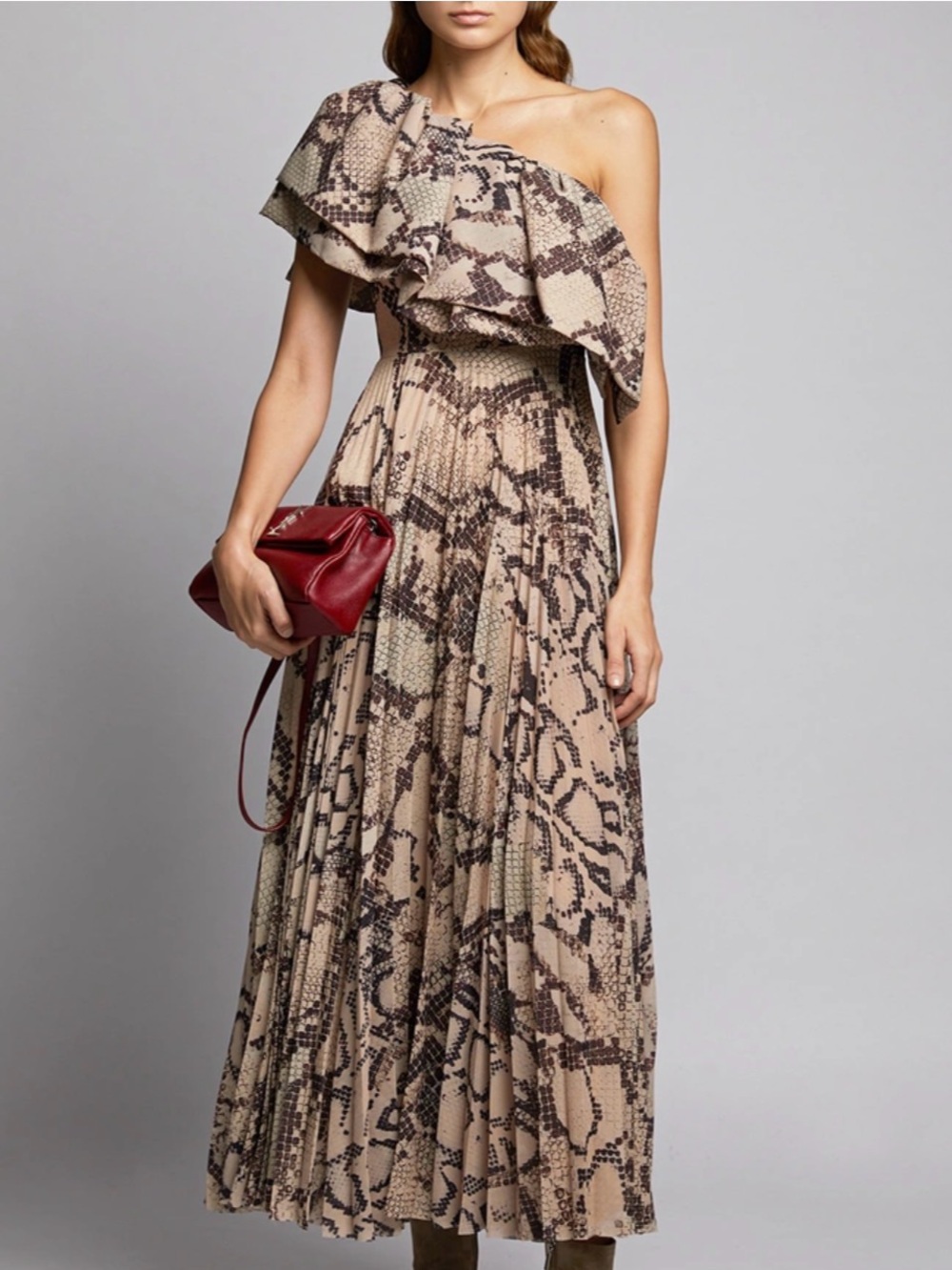 Solace London One-Shoulder Snake Print Maxi Dress in Beige and Brown